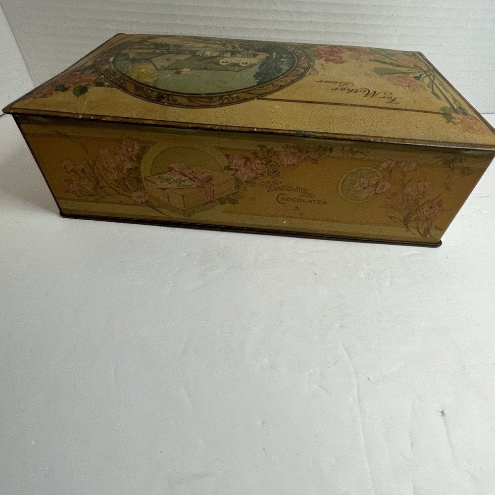 Art Nouveau Vassar Chocolates For Mother Dear Tin Canco VTG Cottage Roses Metal - Picture 8 of 13